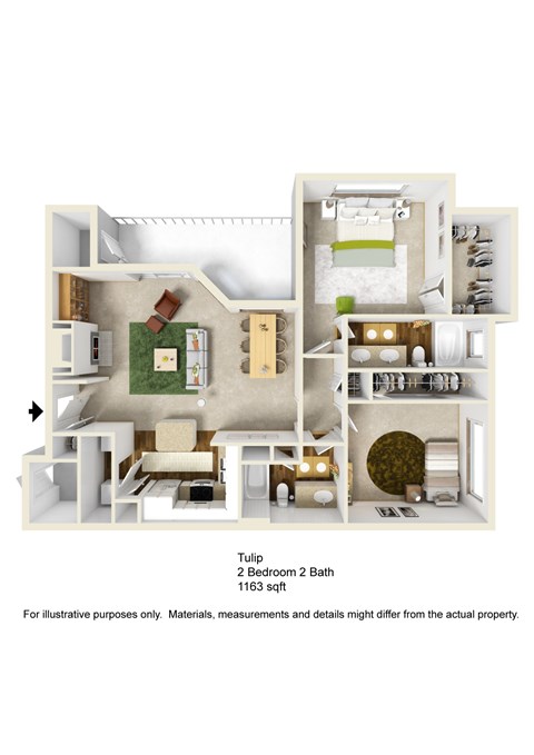 Floor plan for 2 beds, 2 baths, 1163 sqft
